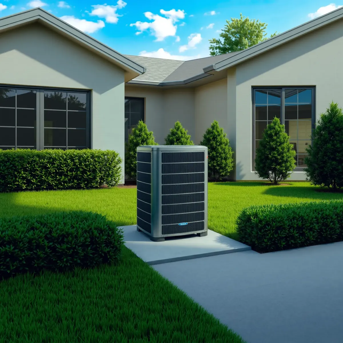 Completed modern HVAC system in a clean backyard with lush grass, trimmed bushes, and a contemporary home in River Oaks.