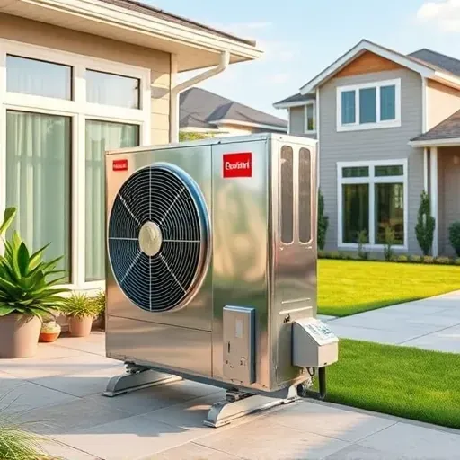 Modern home with sleek air conditioning system installed outdoors, surrounded by lush greenery and a sunny patio.