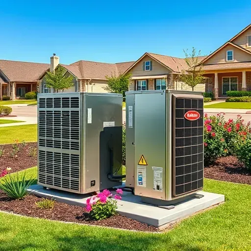 HVAC system with furnace and AC unit on a landscaped lawn in Lakeside, TX, under clear skies in a peaceful neighborhood.