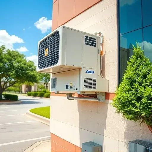 State-of-the-art air conditioning unit on a commercial building in Corinth TX with greenery and clear blue sky.