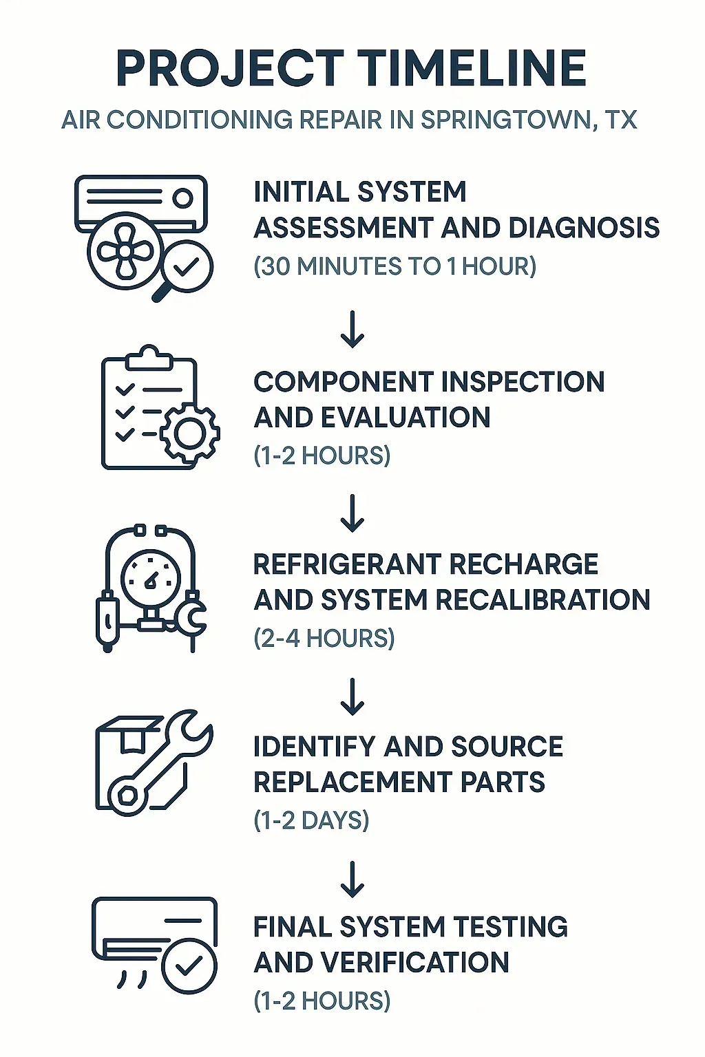 Infographic showing a 5-step air conditioning repair timeline in Springtown, TX: assessment, inspection, recharge, parts sourcing, and testing.