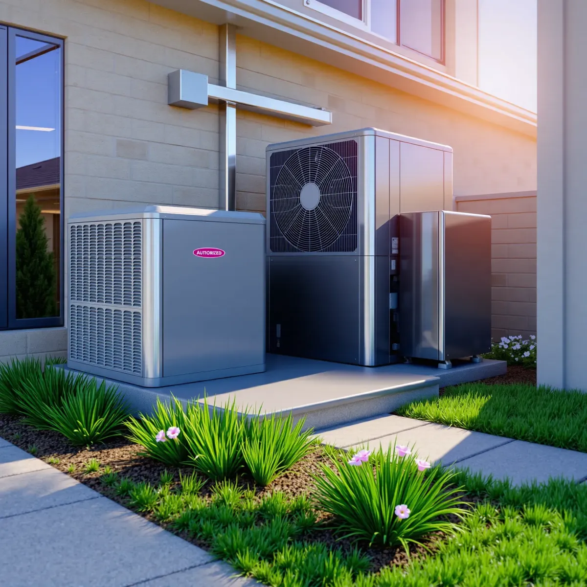 Beautiful residential HVAC system installation in Roanoke, TX, featuring a sleek outdoor unit, lush yard, and stylish brick home.