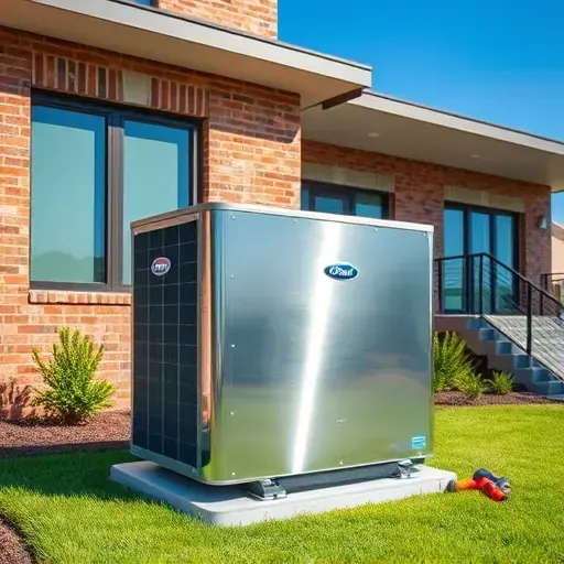 Freshly repaired outdoor HVAC unit on a modern River Oaks home with landscaped yard and bright sunny sky