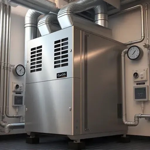 Modern commercial dehumidification system with sleek metallic unit, digital controls, HVAC components, and organized utility room in Fort Worth TX