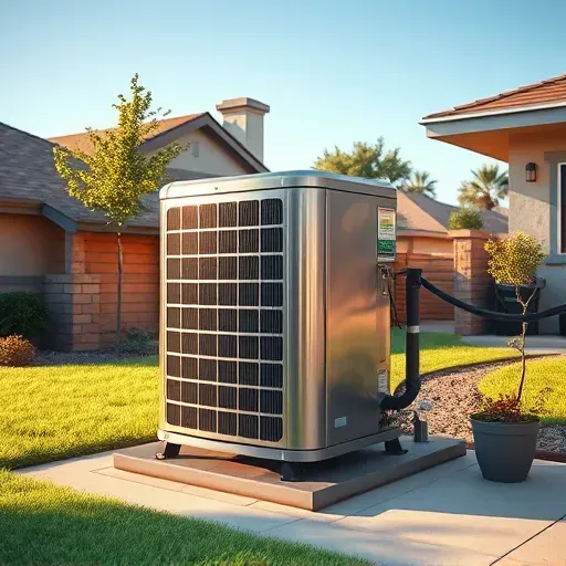 Sleek HVAC unit installed in a tidy backyard with lush lawn, landscaping, and cozy house in sunny Everman, TX.