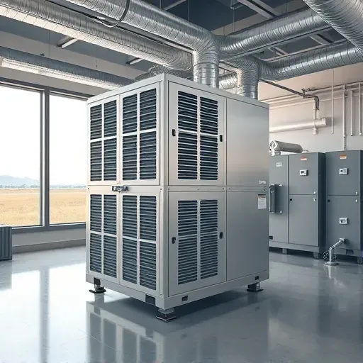 Modern commercial HVAC system in a tidy mechanical room with ductwork, control panels, and Texas landscape views.