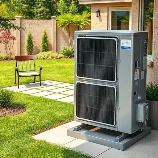 Repaired energy-efficient central AC unit in a modern Richland Hills Texas backyard with lush greenery and outdoor furniture