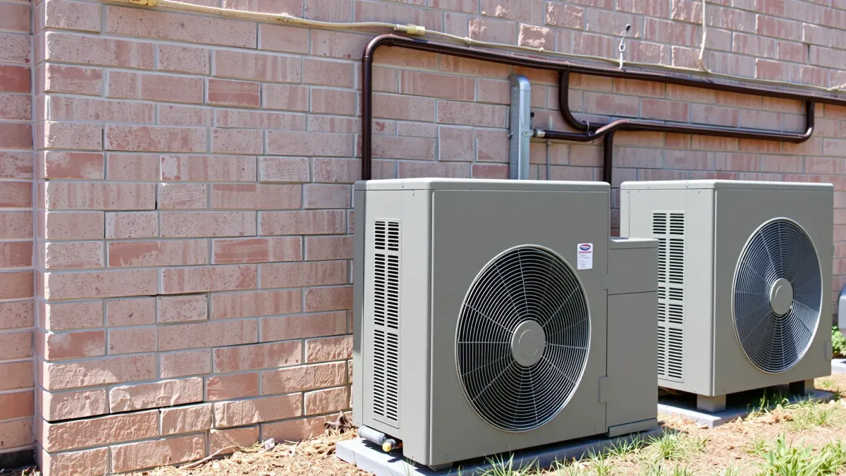 Modern residential HVAC outdoor compressor in Annetta, TX with landscaped yard, stylish home, and warm natural lighting.
