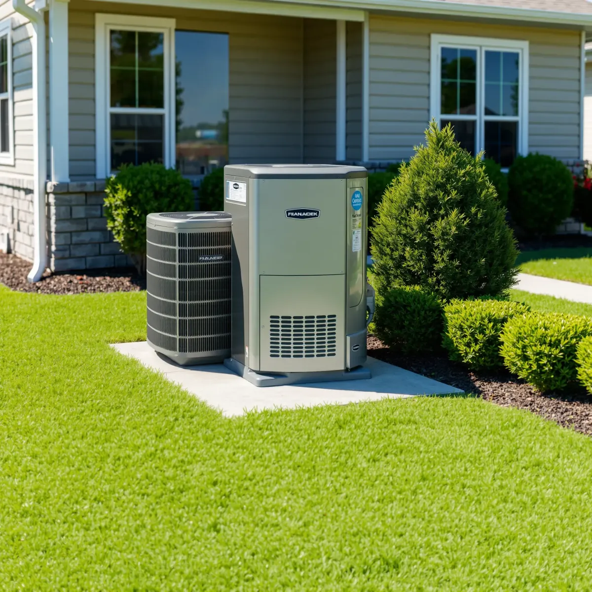 Outdoor modern HVAC system with high-efficiency furnace and AC unit on a clean concrete pad in a lush suburban yard in Rendon, TX.