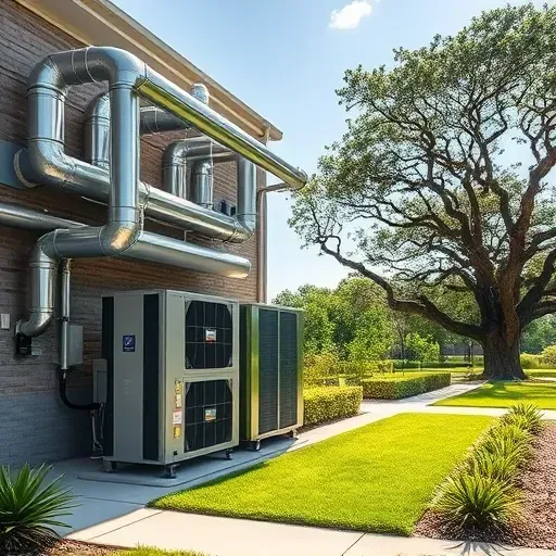 Outdoor HVAC system in Westworth Village, TX with sleek ductwork, surrounded by lush greenery and mature oak trees.