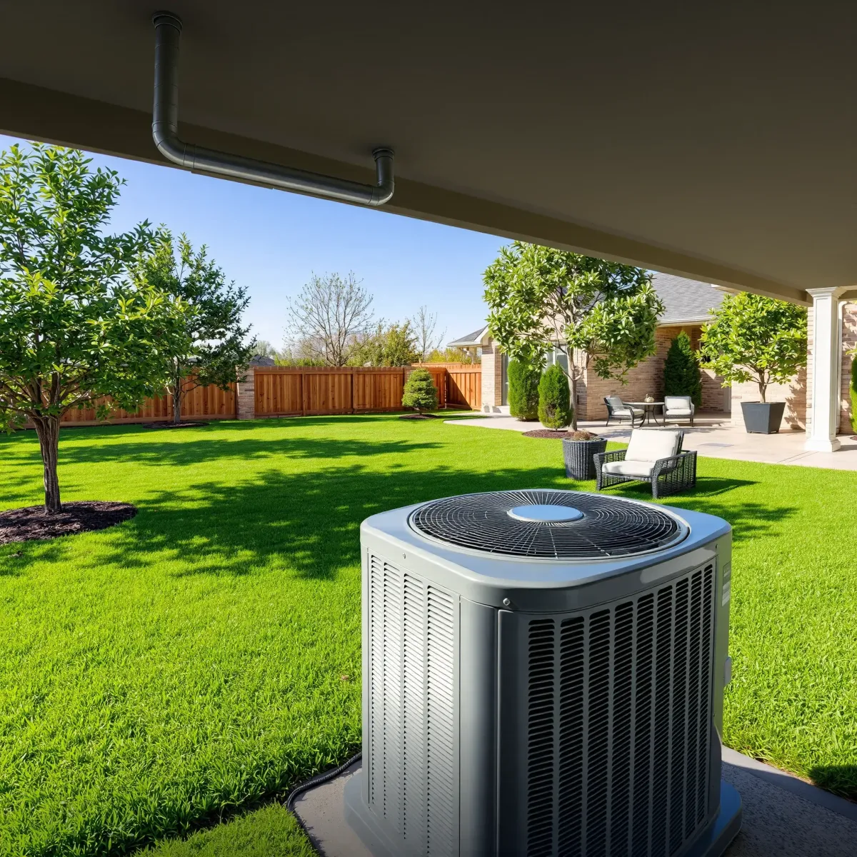 Modern air conditioning system interior with sleek metallic components, filters, ductwork, digital controls, and organized tools.