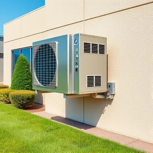 Outdoor modern A/C unit mounted on a clean building wall in Argyle, TX, with a landscaped background and clear blue sky.