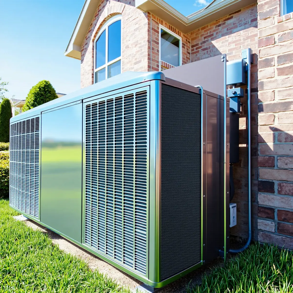 Outdoor high-efficiency air conditioning unit on a building wall in Richland Hills, TX, with desert landscaping and clear sky.