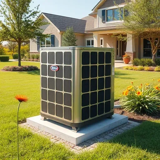 Outdoor modern HVAC system installed in Aledo, TX, on a concrete pad amid greenery and stylish home.