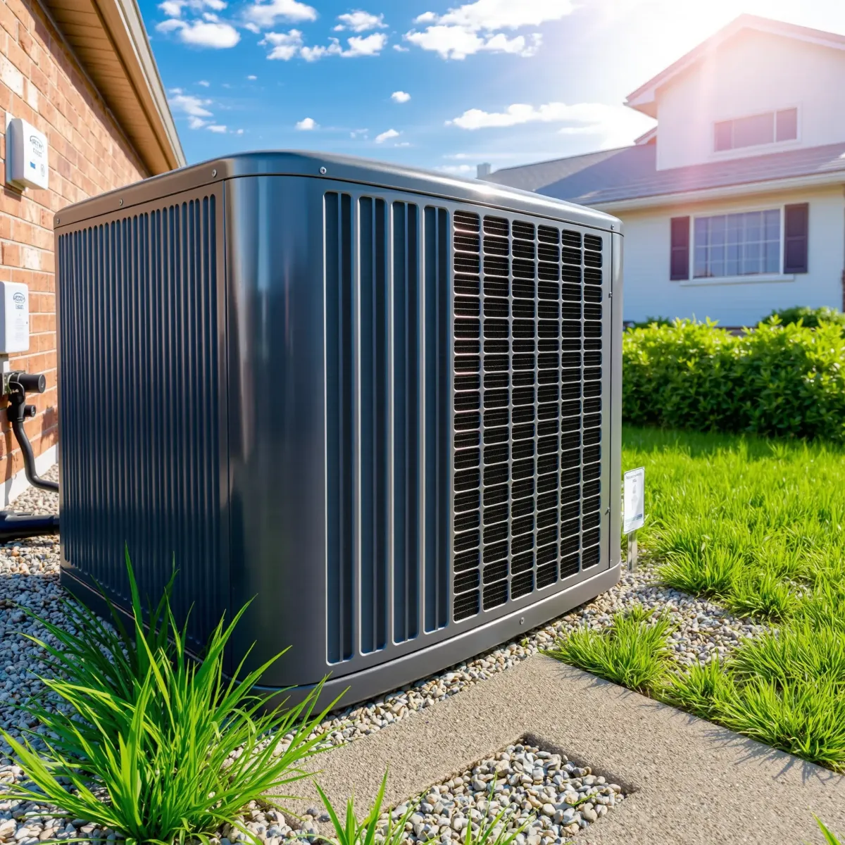 New outdoor Lake Dallas TX air conditioner with sleek design, detailed fins, digital control, and lush backyard backdrop.