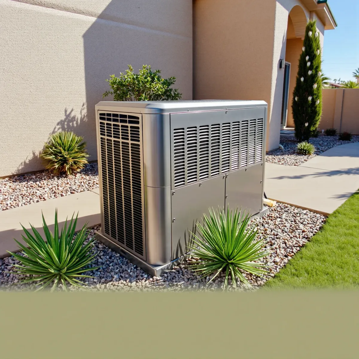 Outdoor HVAC system with sleek air conditioning and heating units installed near a landscaped building in Roanoke, TX.