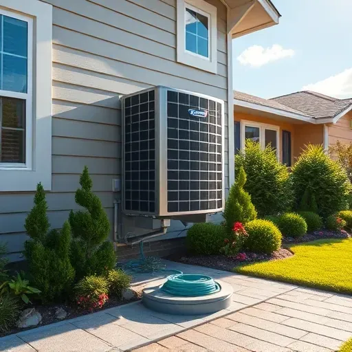 HVAC system installed on a modern home's exterior in Hudson Oaks, TX, with landscaped yard and clear blue sky.