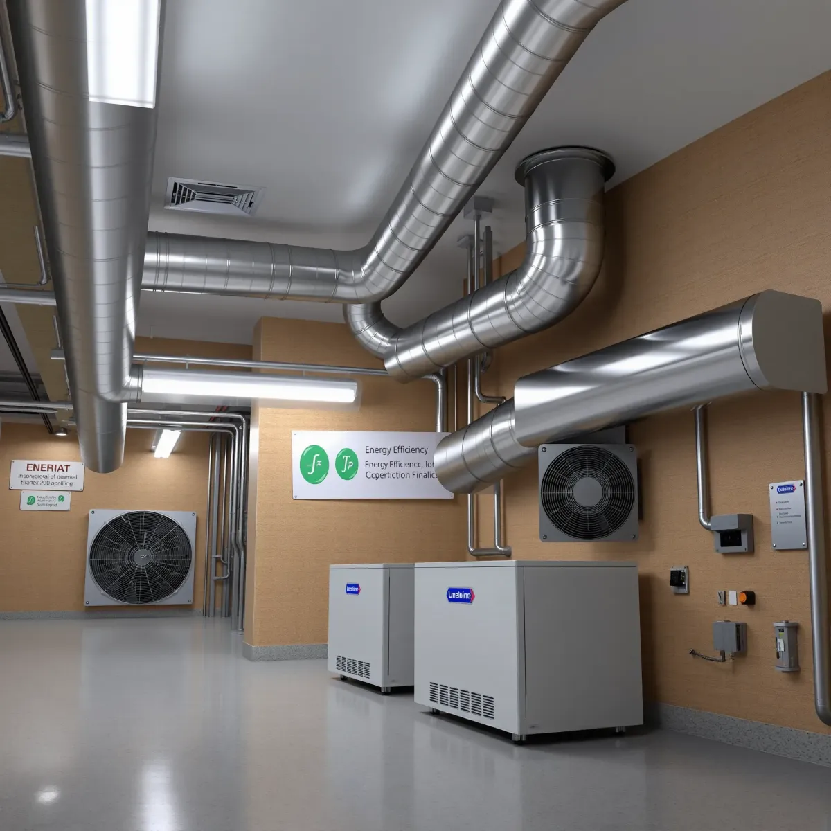 Modern commercial HVAC system in Crowley, TX: sleek vents, organized ductwork, control panels, and branding in a clean utility room.