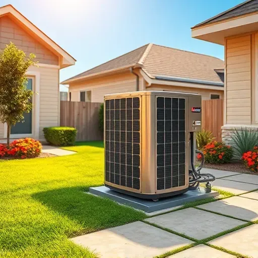Serviced HVAC unit in a modern home yard, showcasing clean metallic surfaces, piping, branding, and a sunny backyard scene.