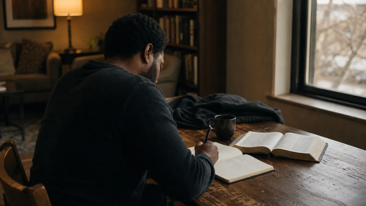 Person alone reading or writing in warm natural light; contemplative, candid, no one looking at camera.