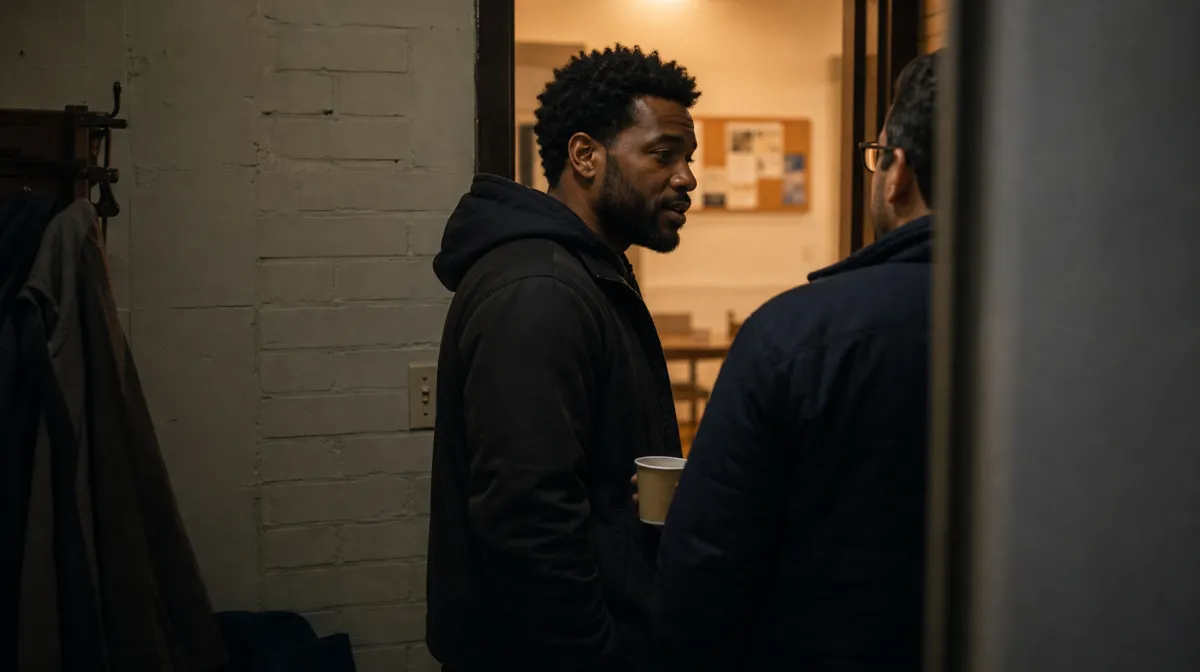 Two people (one Black, one white) in genuine one-to-one conversation by a window with coffee visible; candid, warm window light, no one looking at camera.