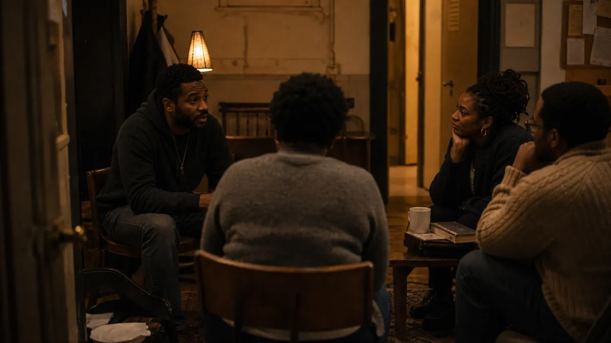 Small intimate group of 4–5 people of mixed ethnicities (Black, white, Latino) seated together in quiet conversation around a table near a fire; warm indoor amber documentary-style candid, no one looking at the camera.