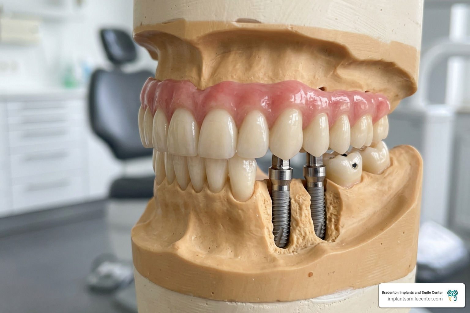 Model of dental implants supporting a full bridge of teeth - affordable permanent teeth