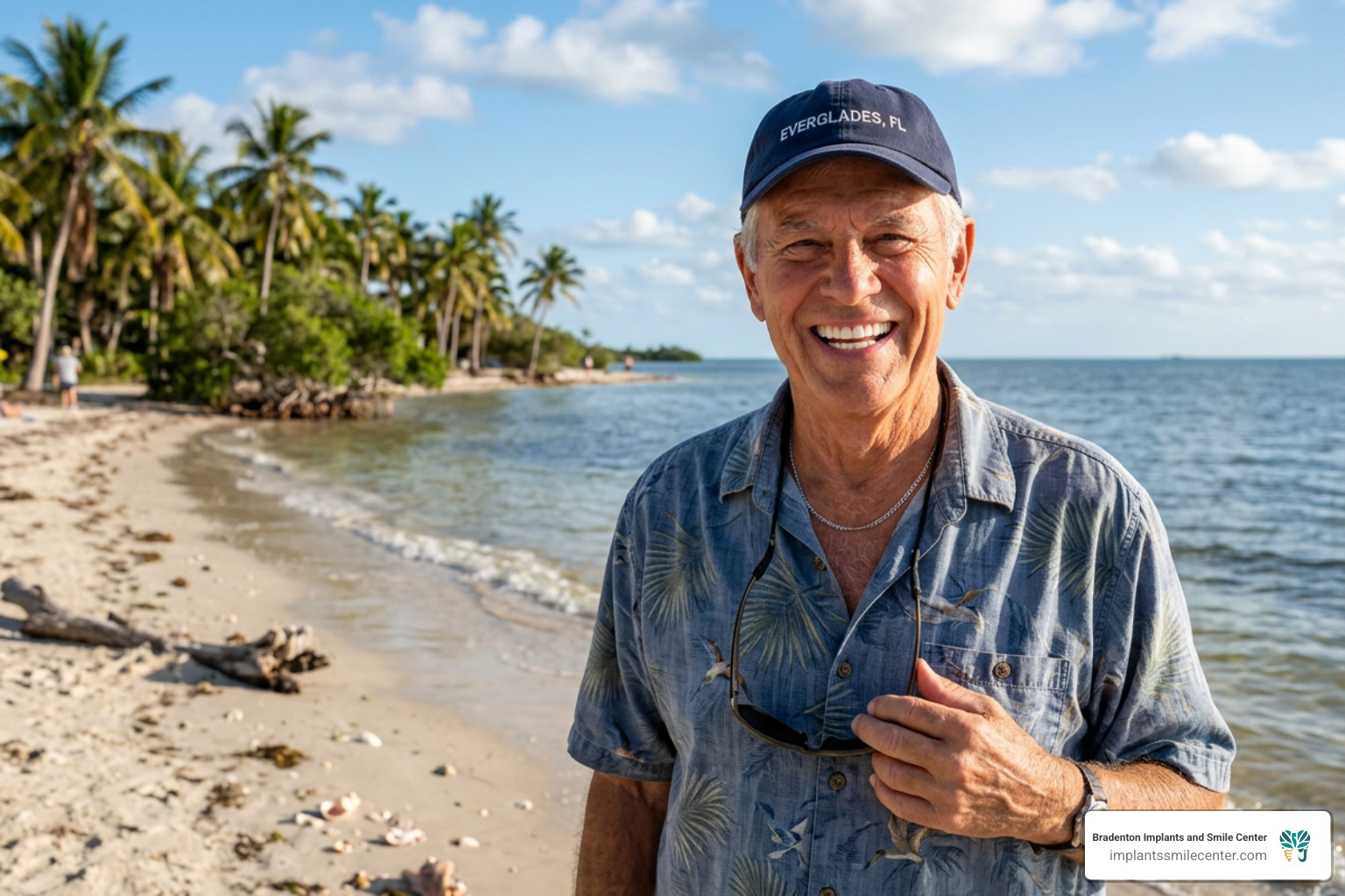 snap on dentures Florida senior smiling at beach - snap on dentures Florida