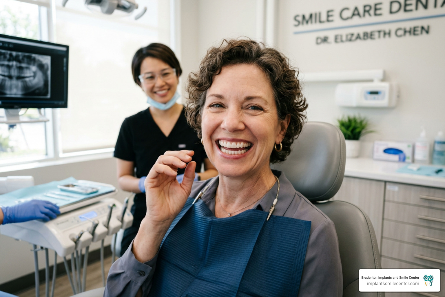 snap on dentures patient smiling confidently - what are snap on dentures