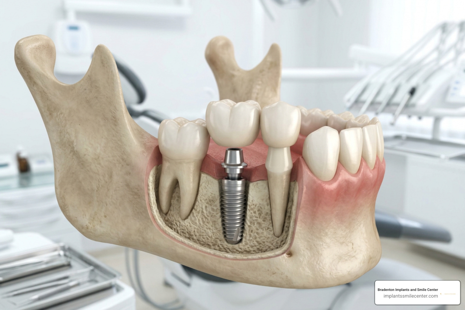 Dental implant structure featuring titanium post and prosthetic bridge