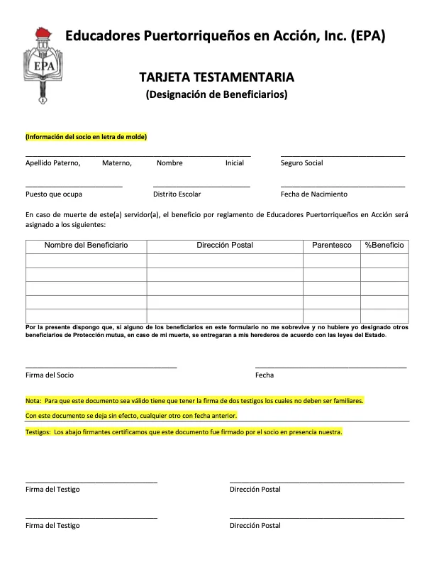 Tarjeta Testamentaria