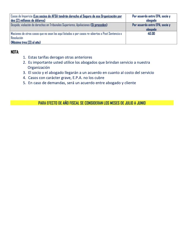 Tarifa de Servicios Legales página 1