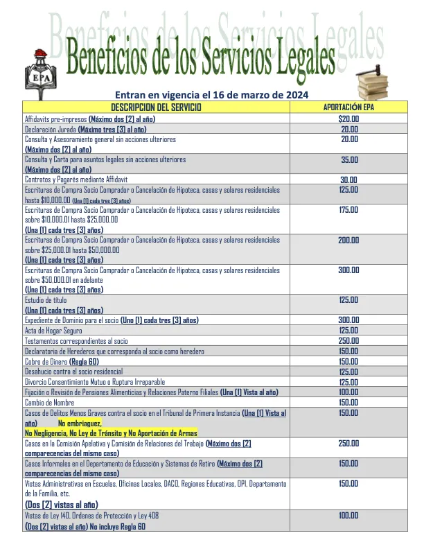 Tarifa de Servicios Legales página 1
