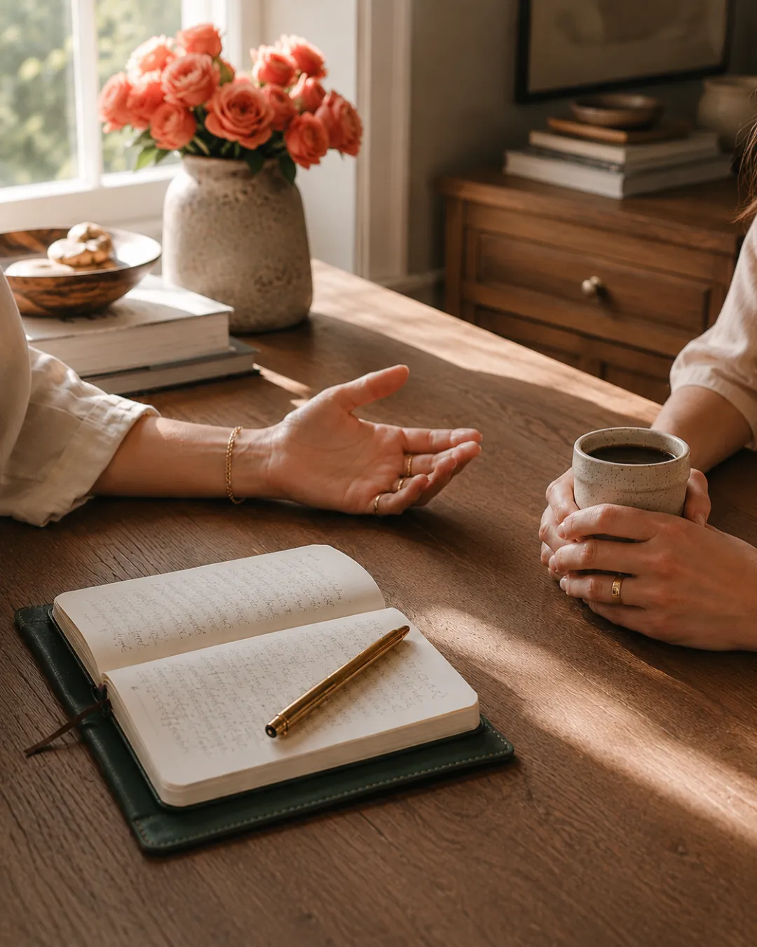 Two people in a warm conversation over coffee and an open journal — building career and life strategy with leadership advisory support