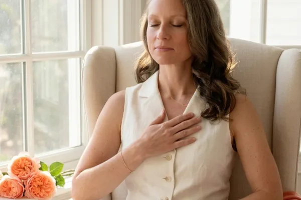 Woman sitting quietly with a hand over her heart, eyes closed, illustrating the inner critic versus inner coach distinction