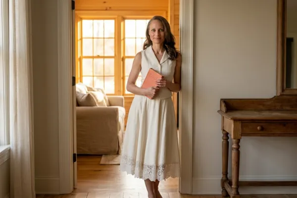Woman in a sunlit doorway holding a coral book, illustrating what to do after being laid off