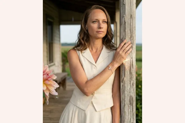 Woman on a porch by a peeling post, gazing outward, illustrating being laid off due to restructuring
