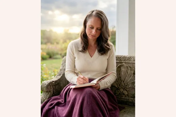 Woman writing in a journal on a stone bench in golden light, illustrating coping with a layoff