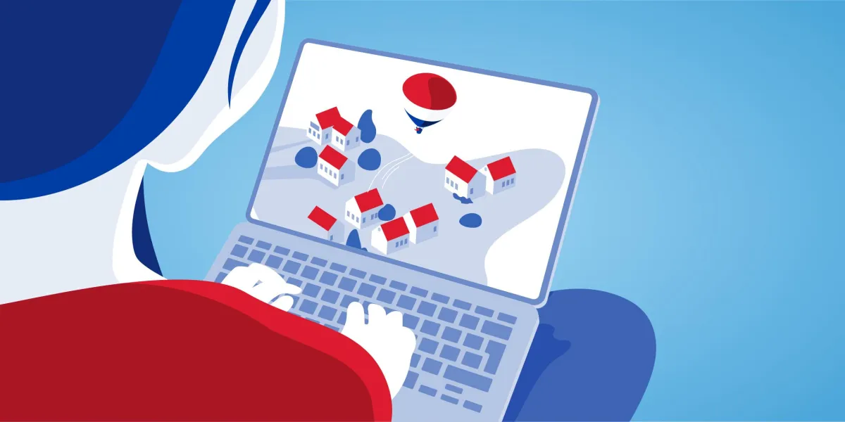 Empty classroom with chairs under tables.