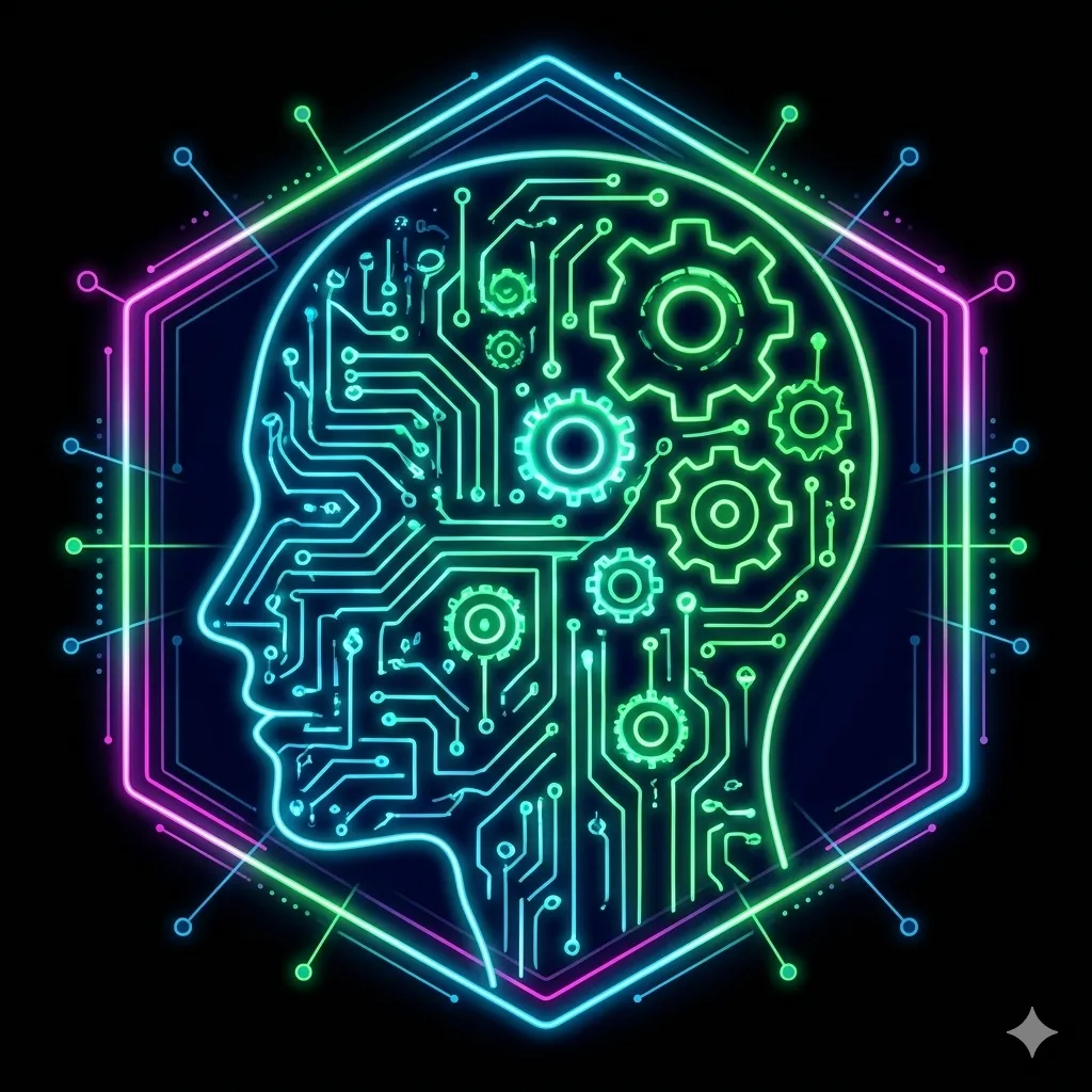 The outline of a human head filled with data lines and gears to represent CJPC's AI Strategy & Implementation Services