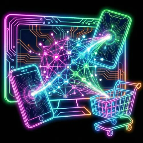 tablet, two smart phones, and a grocery cart connected by streams of neon data representing CJPC's Marketing Consulting. 