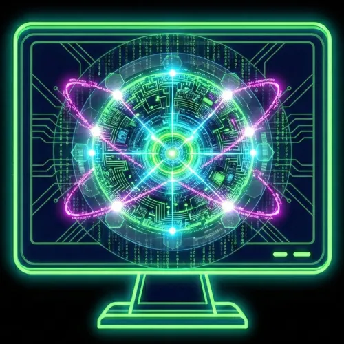 Computer with solar atom graphic representing CJPC's AutoPilot AI automation program