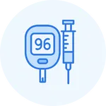 Blood glucose meter reading 96 with insulin syringe for diabetes care in Omaha.