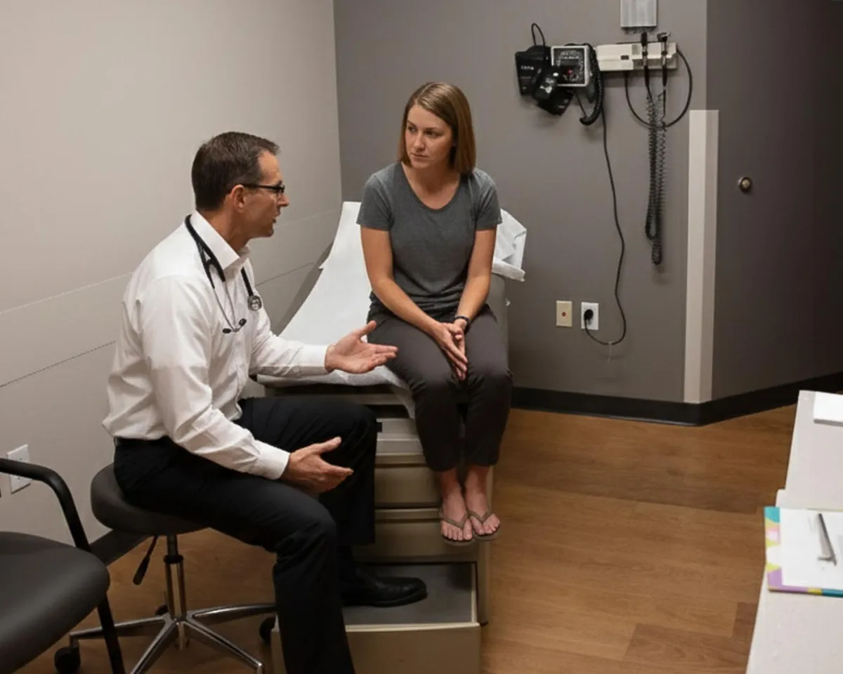 A Male doctor speaking with his patient about why hormone therapy is needed and how it can help in an Omaha clinic.