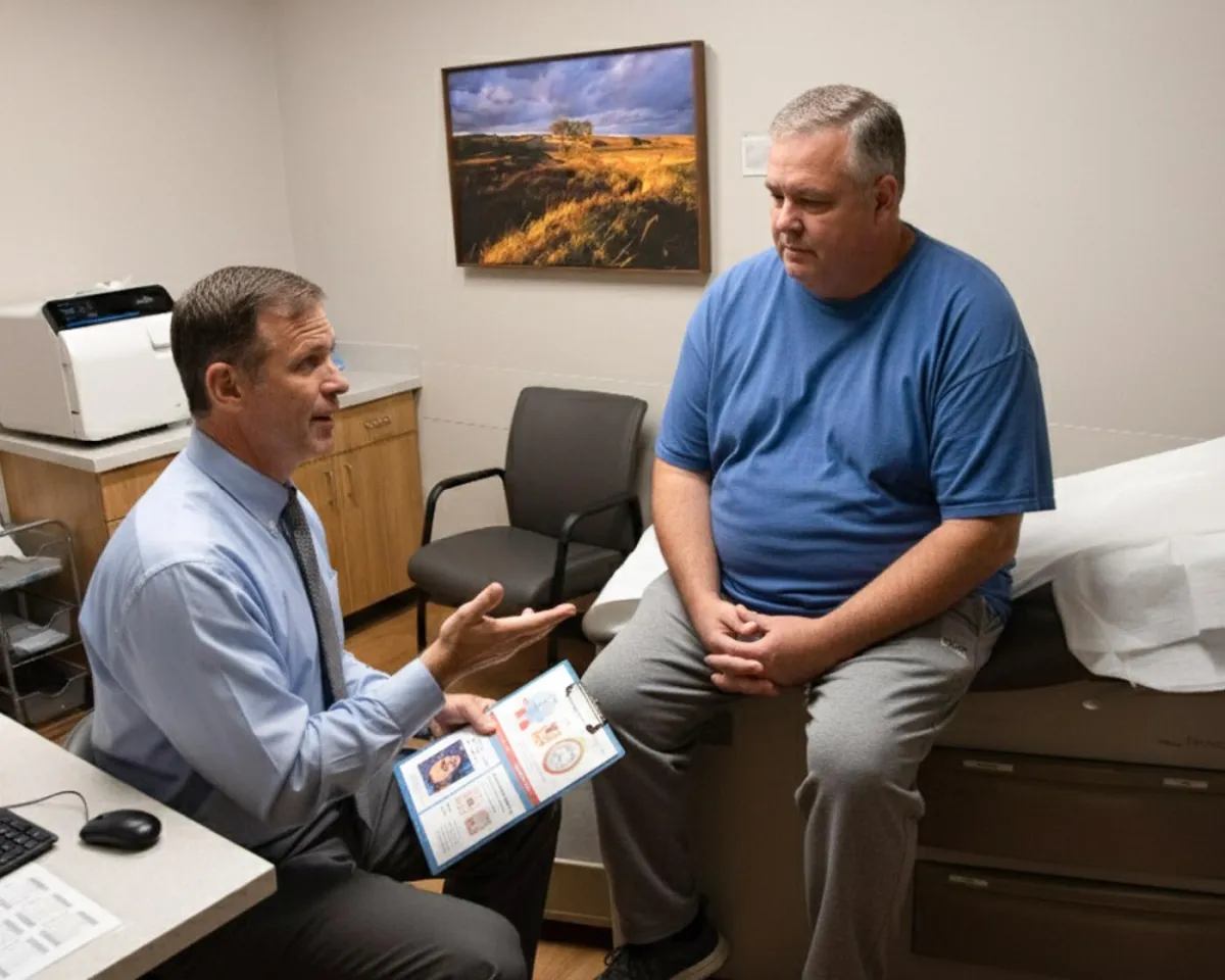 A compassionate doctor in Omaha is shown in an examination room, engaged in a conversation with a patient about weight management. The image highlights that their approach is about more than numbers on a scale. The doctor, wearing a tie and dress shirt, is seated and gesturing with an open hand, holding a clipboard with charts. His posture is welcoming and supportive. The patient is listening intently, seated on the examination table. The setting is clean and professional, with medical equipment visible in the background.