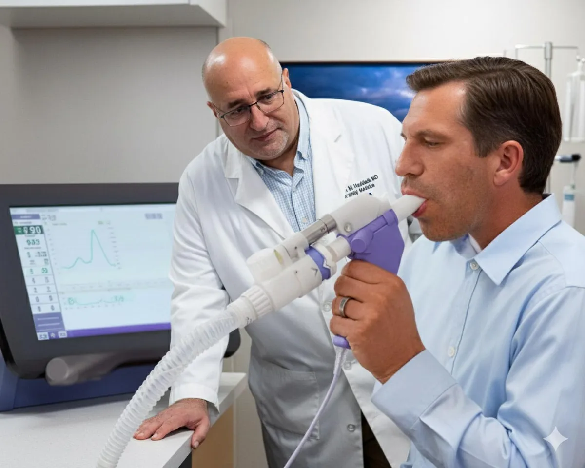 A medical professional, dressed in a white lab coat, administers a spirometry test to a male patient. The patient is holding the spirometer's mouthpiece to his lips and blowing into the device while the doctor observes the readings on a digital screen. The scene takes place in a bright, modern medical office.