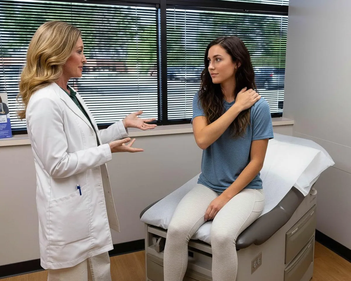 A female doctor, wearing a white lab coat, consults with a young female patient who is seated on an exam table. The patient has one hand on her shoulder, suggesting a potential area of concern, and is looking intently at the doctor. The doctor is gesturing with open hands, engaged in an empathetic conversation. This image highlights the importance of women's wellness exams and access to comprehensive healthcare services in Omaha. Regular check-ups are crucial for early detection and prevention of health issues, ensuring women receive the personalized care they need to maintain their well-being.
