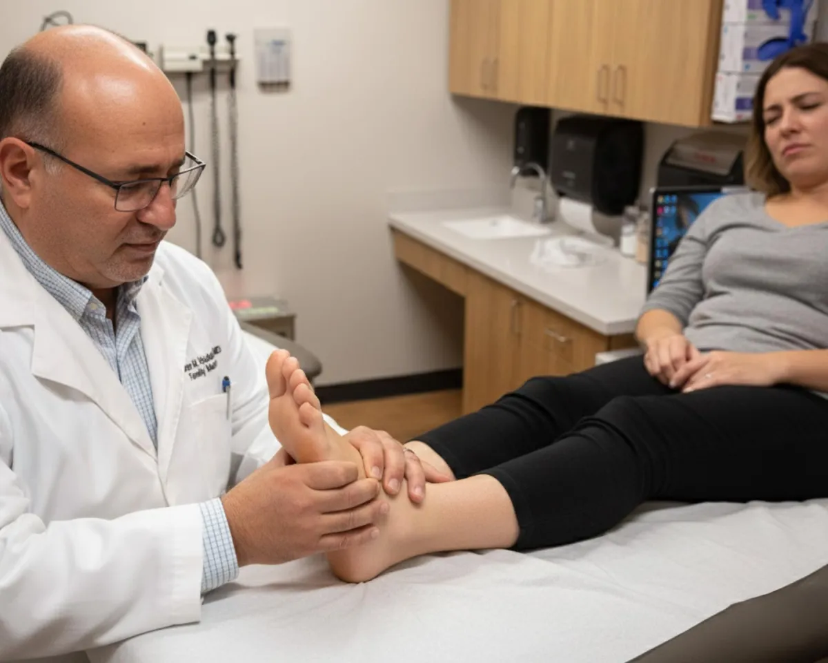 Dr. Maen Haddadin examining a patient's foot in the clinic office in Omaha Nebraska.  
