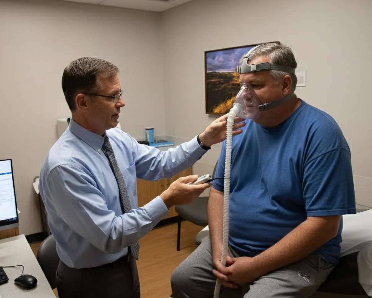 Dr. Allen is helping his client understand his sleep apnea machine. 