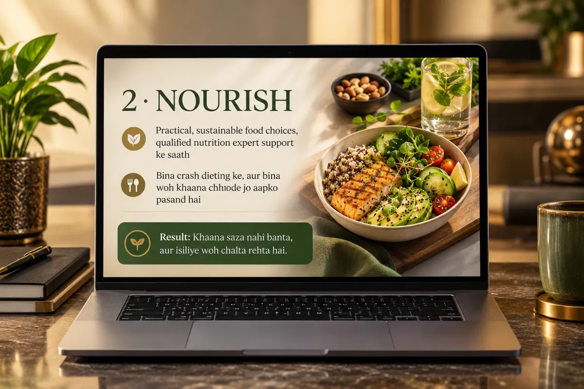 Fresh Ayurvedic whole foods, vibrant spices and herbs on elegant kitchen counter